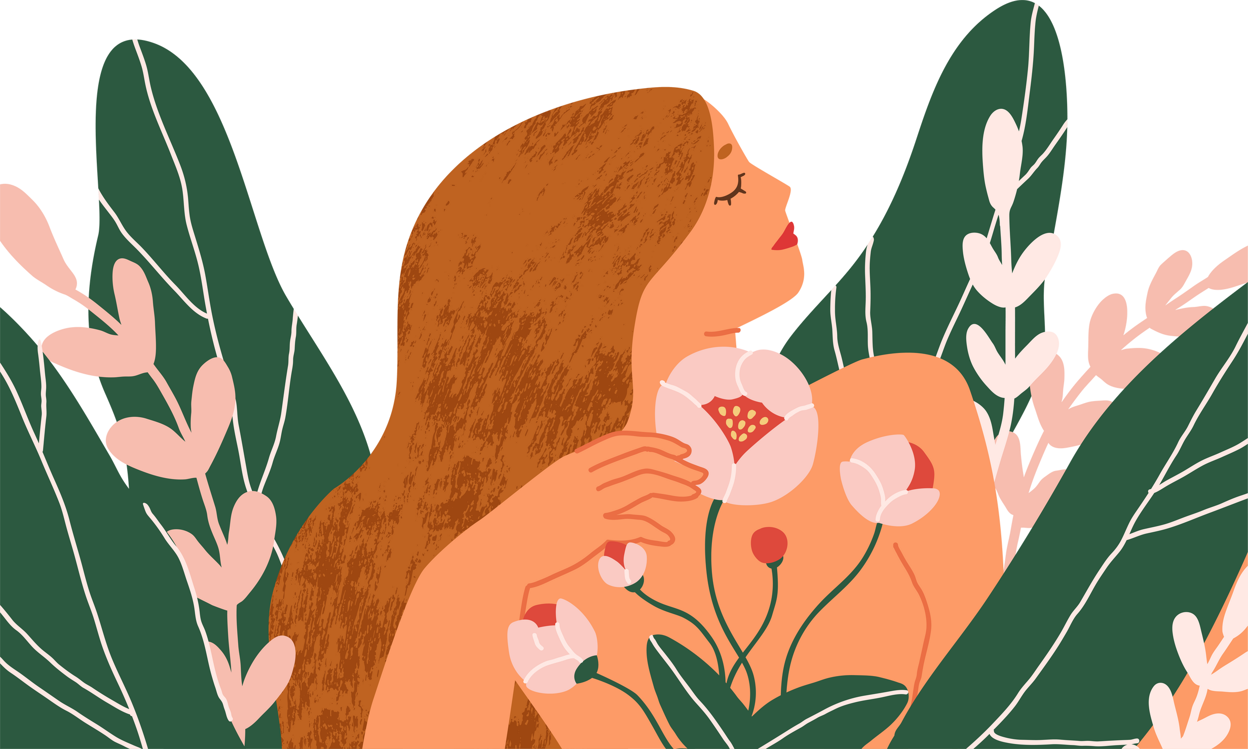 Happy peaceful blooming woman with blossomed flowers around. Concept of female beauty and health, self-care, acceptance and love. Colored flat graphic vector illustration isolated on white background