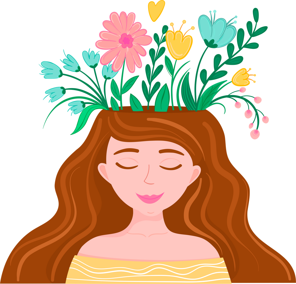 Vector illustration mental health care. Woman with flowers from head.